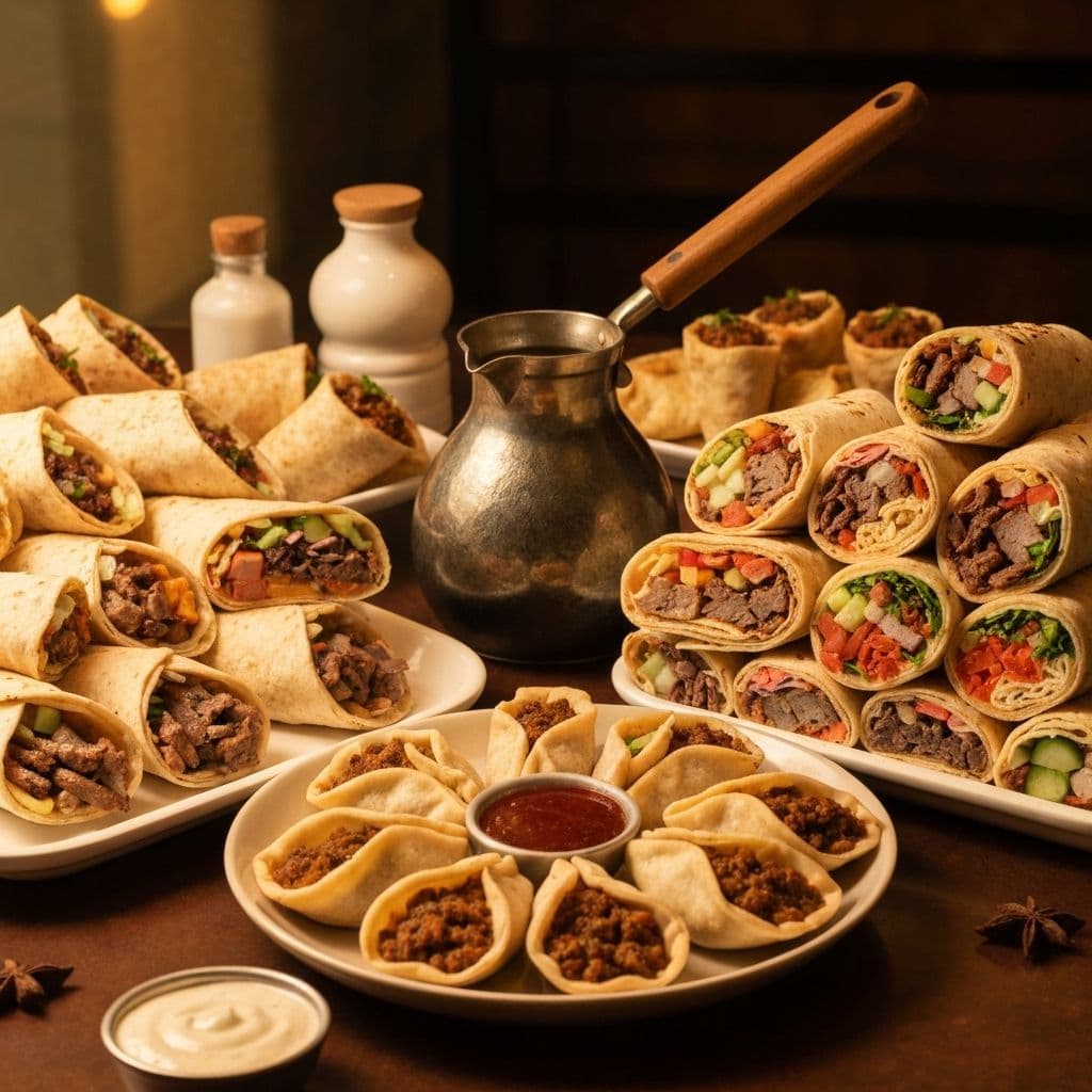 Middle Eastern food spread with wraps, pockets, and coffee